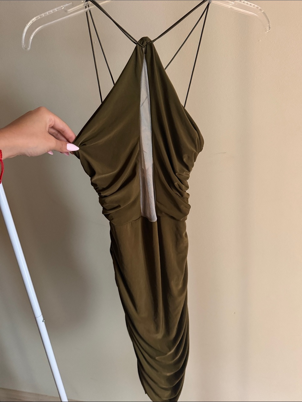 Olive Green Ruched Halter Midi Dress